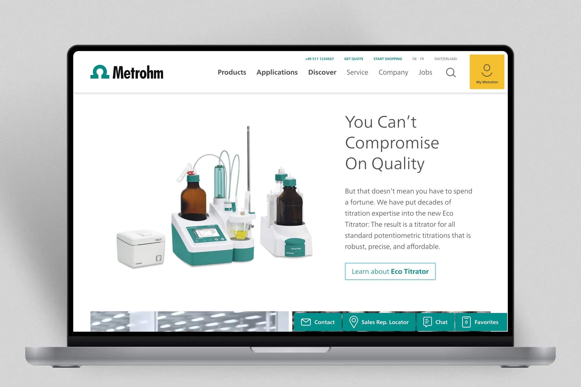 The Metrohm homepage shown on a laptop: product photography beside the headline "You Can't Compromise On Quality".