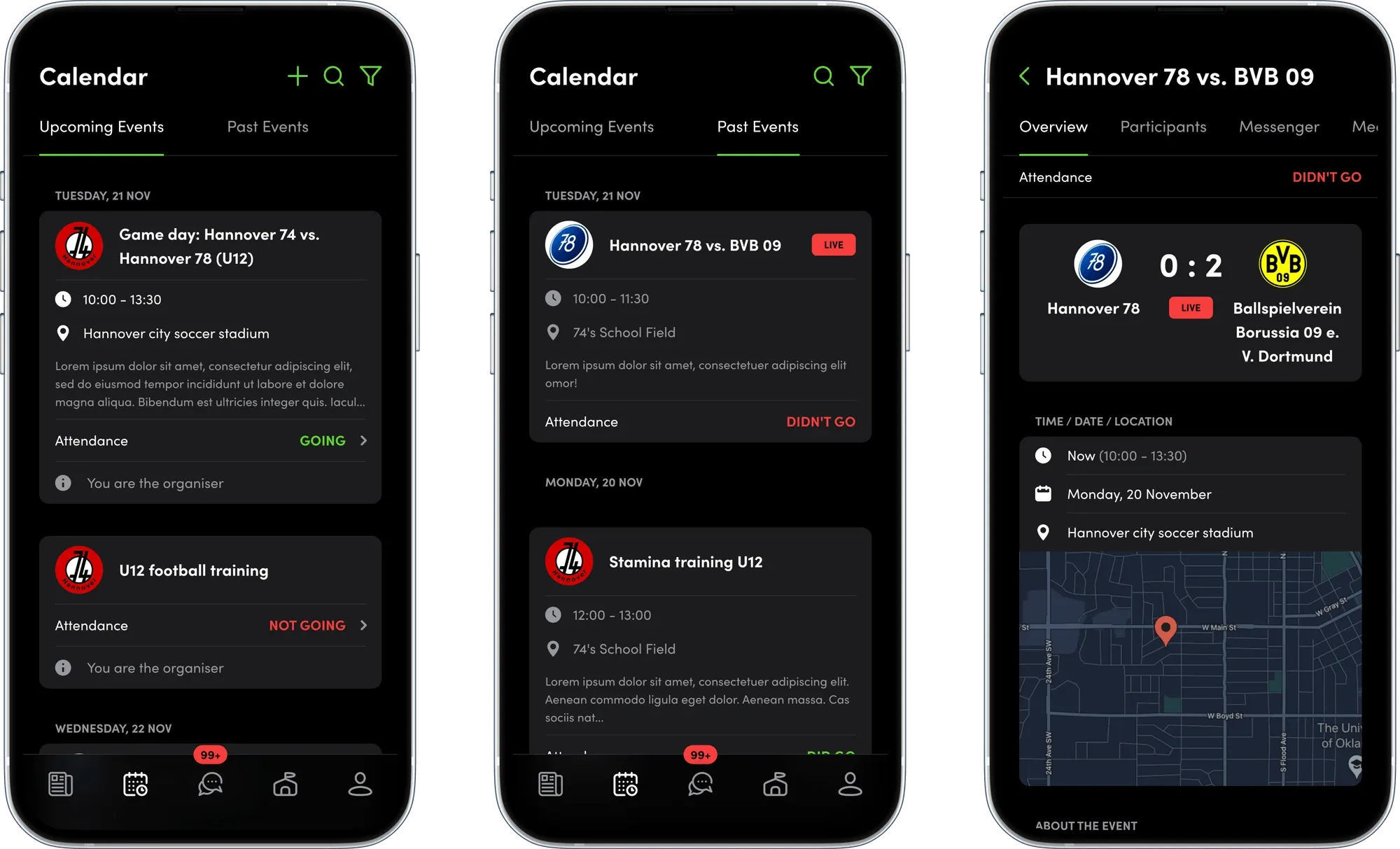 Event and calendar screens.