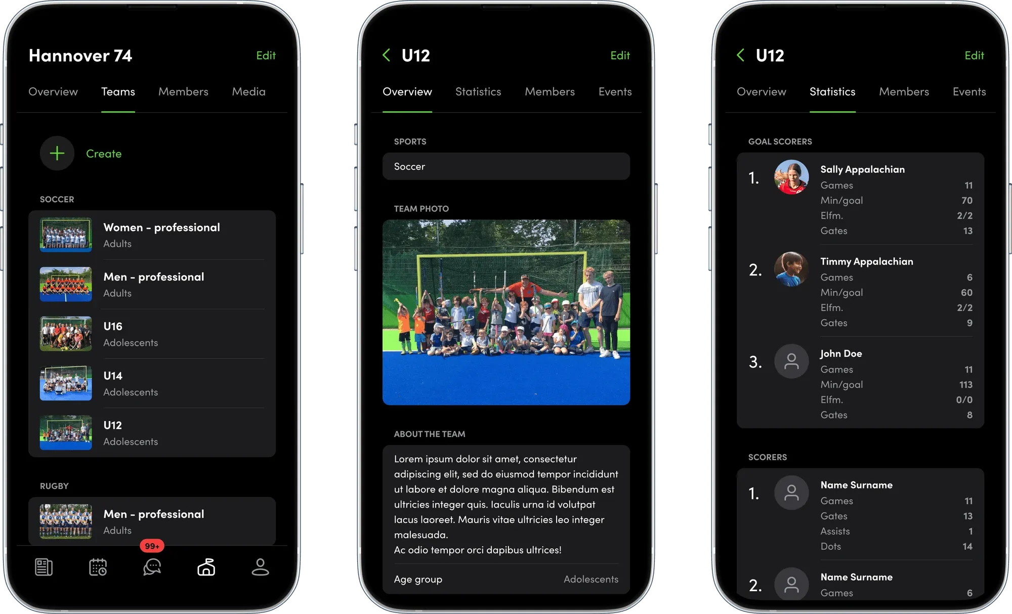 Team screens: a club's list of teams, a team's overview with its photo and the team's goal scorer statistics.