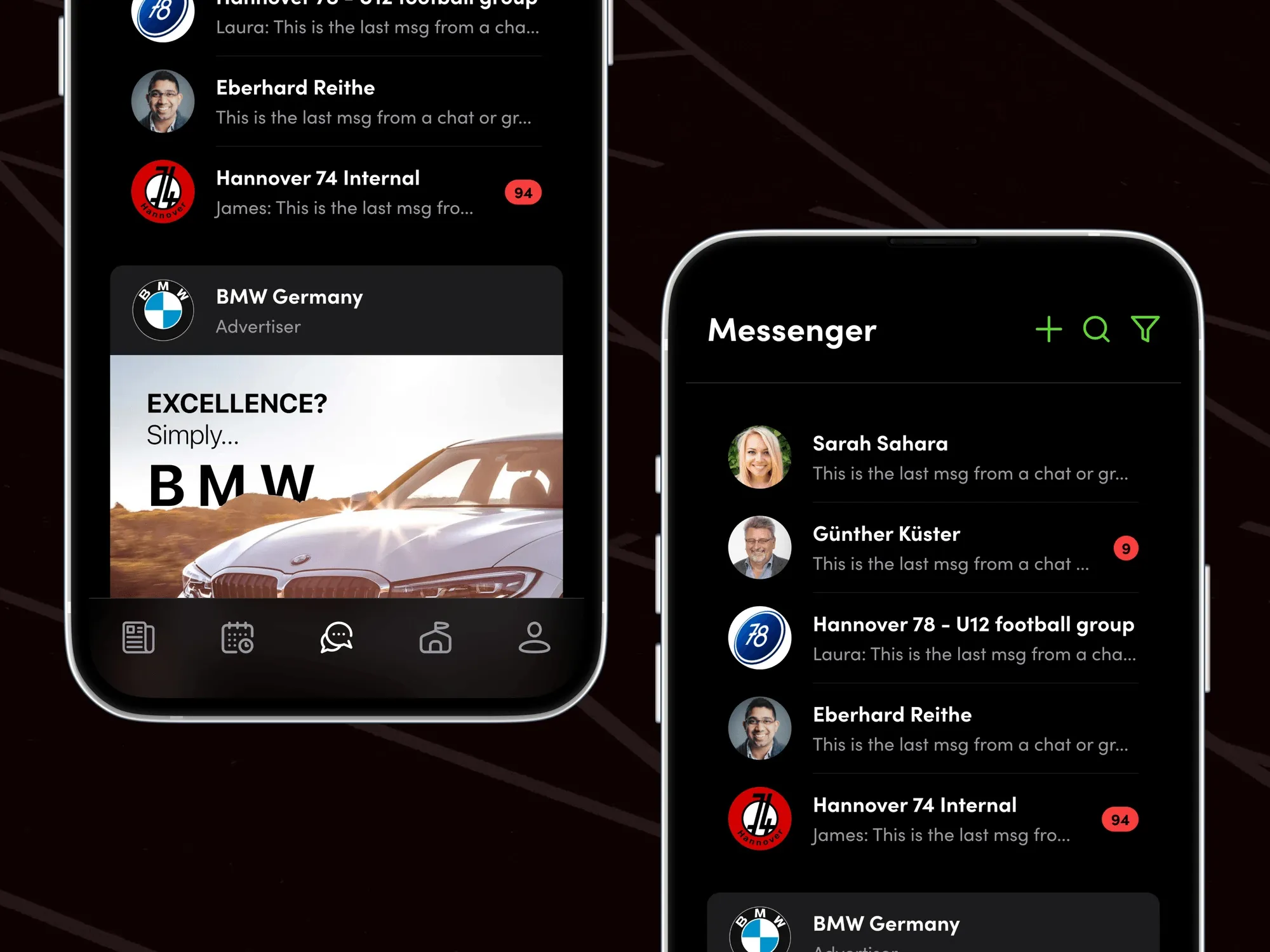 Messaging screens: the chat list with club and team groups, direct messages and an advertiser's message.